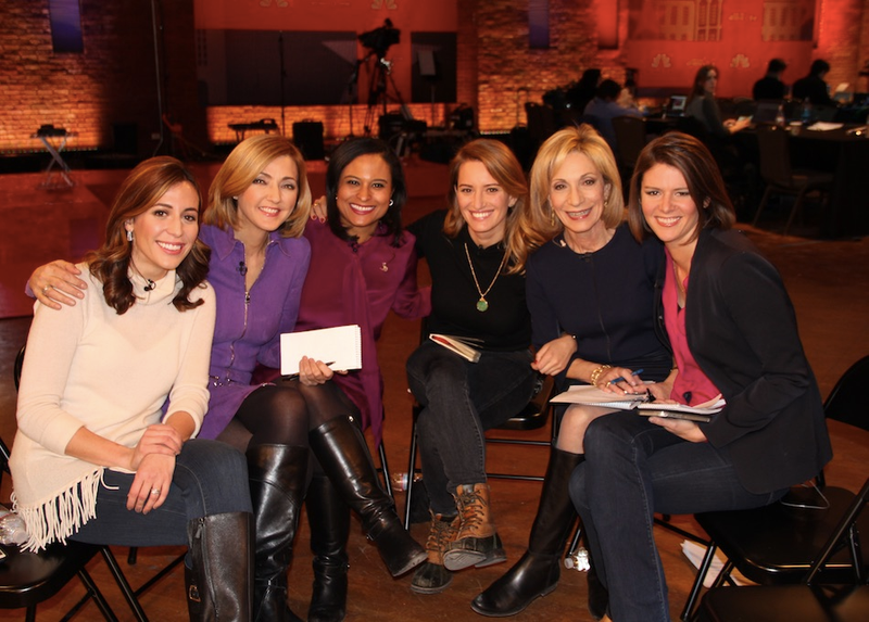 Hours after the February 2016 New Hampshire primary had been called for Republican Donald Trump and Democrat Bernie Sanders, MSNBC convened many of the NBC News campaign correspondents to talk about the state of the race. Among those taking part were Hallie Jackson, Chris Jansing, Kristen Welker, Katy Tur, Andrea Mitchell and Kasie Hunt. (TVNewser screenshot)